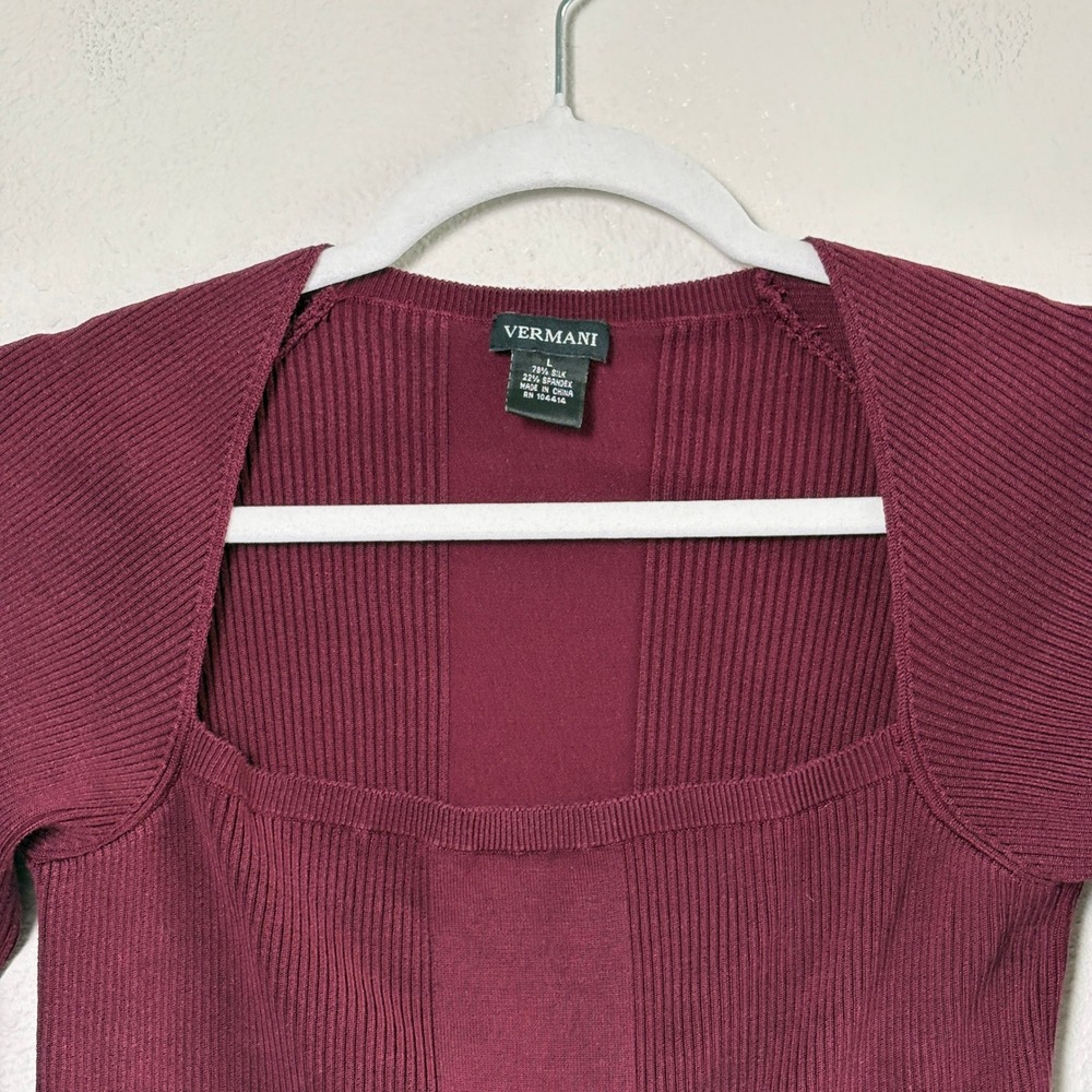 Vermani Silk Blend Sweater Womens L Burgundy Square Neck Ribbed Long Sleeve - Picture 2 of 8